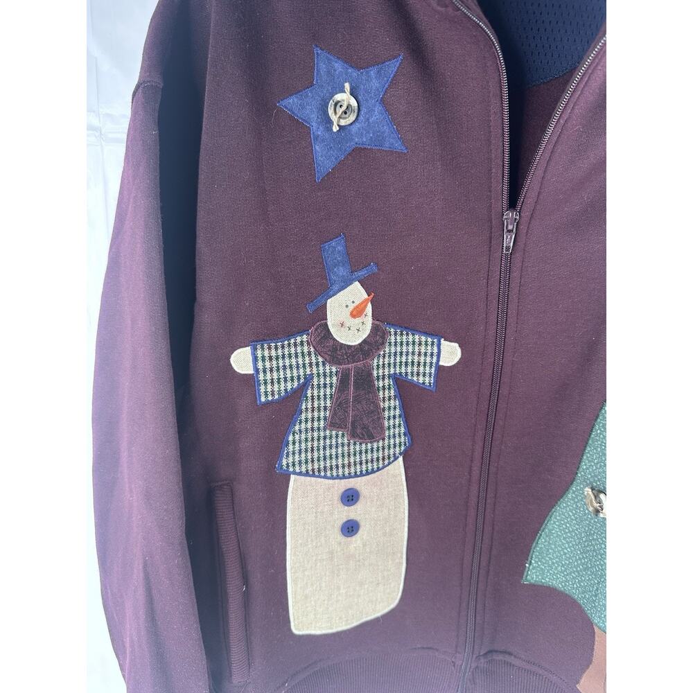 Primitive Snowman Ugly Christmas Tree Sweater Zip Up Folk Art Teacher Sz L - Picture 4 of 8